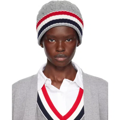 Thom Browne Gray Cable & Rib Merino Wool Rwb Stripe Beanie In 055 Lt Grey