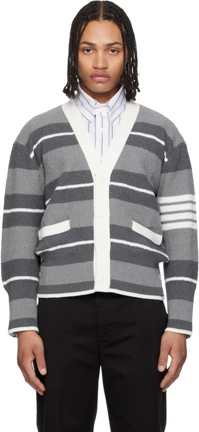 Thom Browne Gray Classic Stripe Seed Stitch 4-bar Cardigan