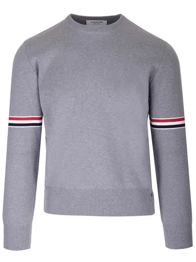Thom Browne Gray Crewneck Pullover With Stripes In Light Grey
