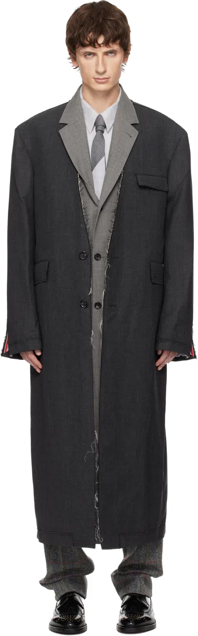 Thom Browne Gray Deconstructed Fresco Over Coat In Black