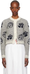 Thom Browne Gray Donegal Cable & Rose Cropped Cardigan In 055 Lt Grey