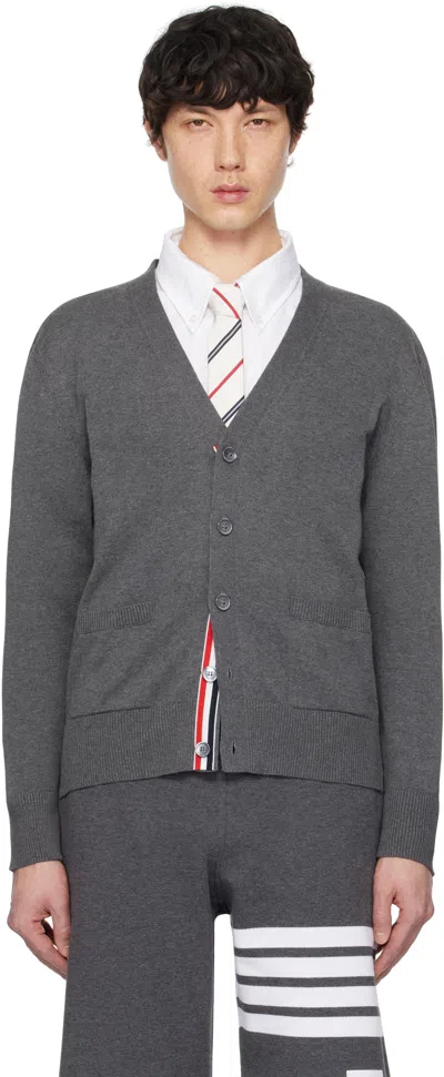 Thom Browne Gray Jersey Stitch Relaxed Fit V Neck Cardigan In 035 Med Grey