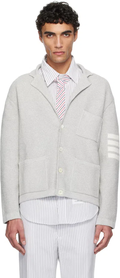 Thom Browne Gray Linen Cotton 4-bar Cardigan In 065 Lt Grey