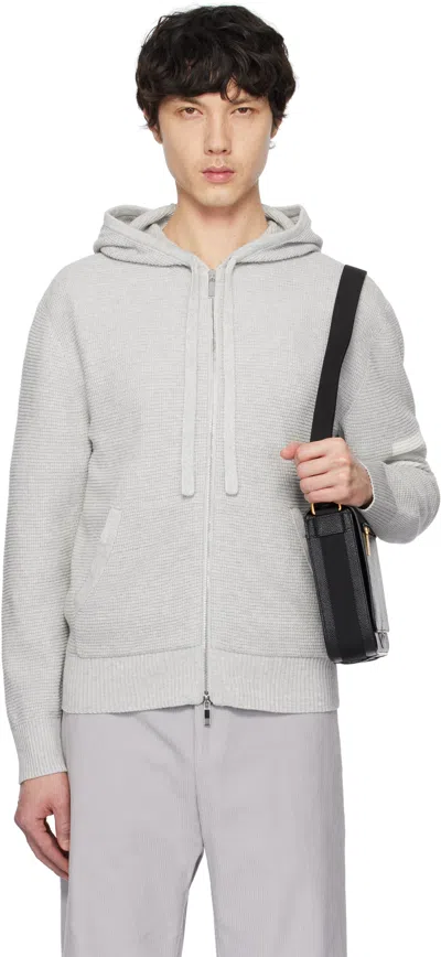 Thom Browne Gray Linen Cotton 4-bar Relaxed Fit Zip Up Hoodie In 065 Lt Grey