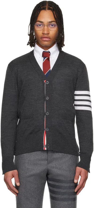 Thom Browne Gray Merino Wool 4-bar Classic V-neck Cardigan In Blue