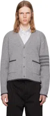 Thom Browne Grey Cardigan With V Neck And Striped Detail On The Sleeve In Wool Man In Gray
