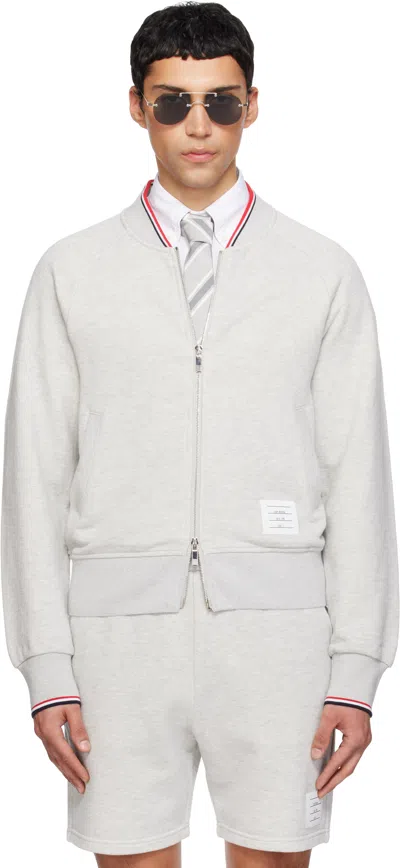 Thom Browne Gray Pique Loopback Bomber Sweatshirt In White