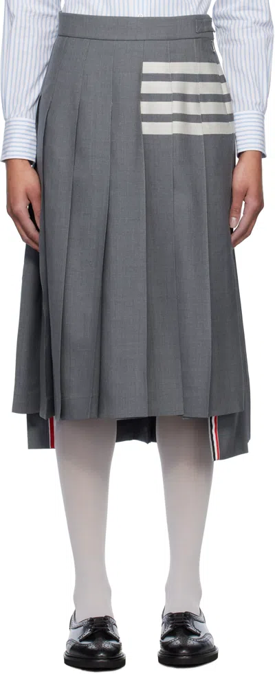 THOM BROWNE GRAY PLAIN WEAVE 4-BAR PLEATED MIDI SKIRT