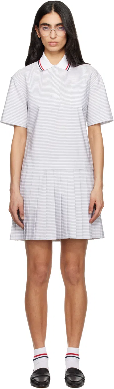 Thom Browne Gray Pleated Polo 4 Bar Stripe Poplin Minidress In Black