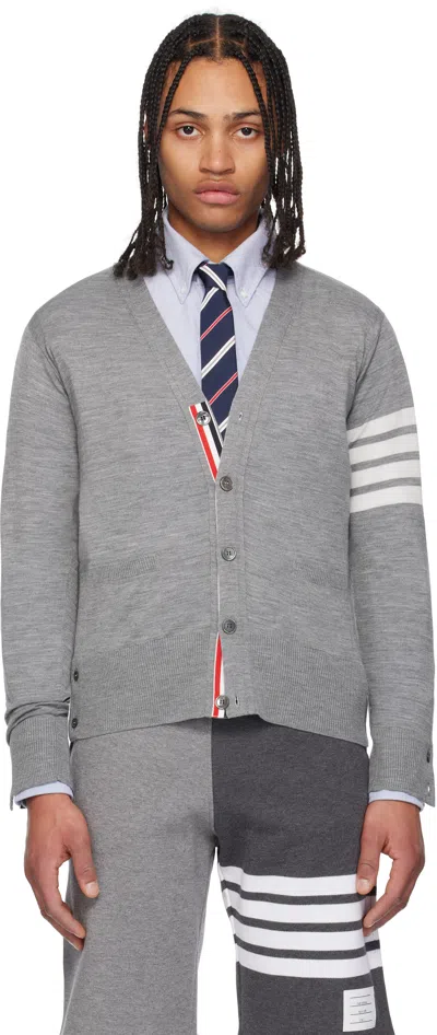 Thom Browne Gray Relaxed Fit 4-bar Cardigan In 058 Pale Grey