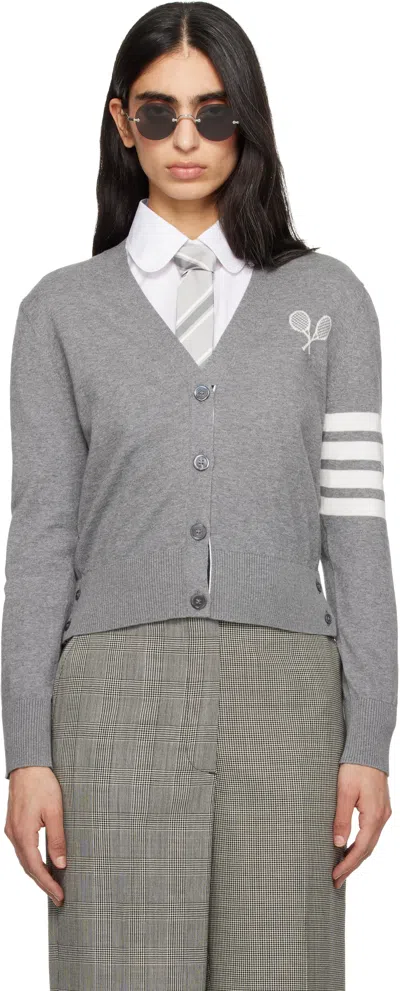Thom Browne Gray Tennis Racquets 4-bar Cotton V-neck Cardigan In Gold