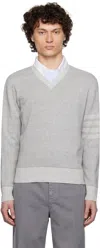 Thom Browne Gray Textured Striped Stitch Linen Cotton V Neck Sweater In 982 Tonal Grey