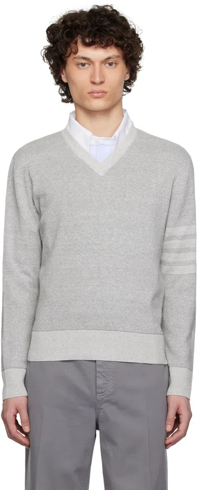 Thom Browne Gray Textured Striped Stitch Linen Cotton V Neck Sweater In 982 Tonal Grey