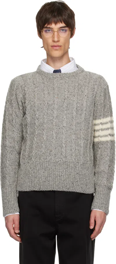 Thom Browne Gray Twist Cable Classic Crew Neck Sweater