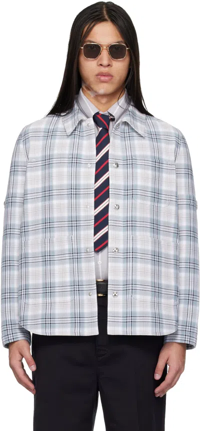 Thom Browne Gray Windowpane Plaid Armband Utility Jacket In Blue