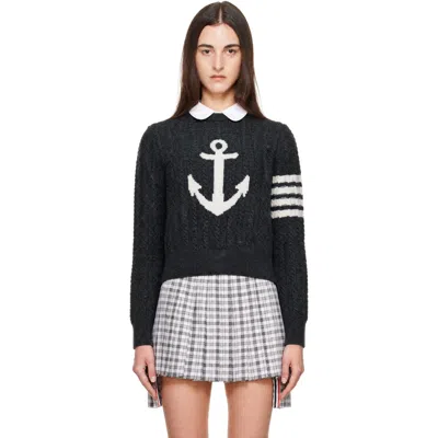 Thom Browne Gray Wool 4-bar Intarsia Anchor Sweater In 025 Dark Grey