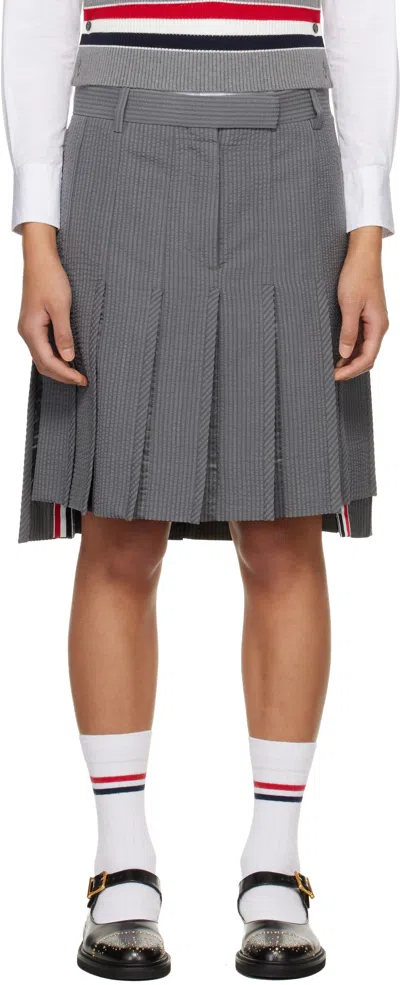 Thom Browne Gray Wool Seersucker Pleated Low Rise Miniskirt