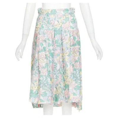 Pre-owned Thom Browne Green Pink Yellow Silk Floral Marine Motif Midi Skirt It36 Xxs