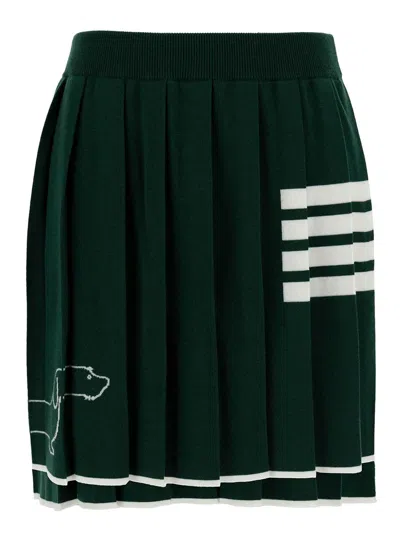 Thom Browne Green Pleated Mini-skirt With Dachshund Print And 4 Bar Detail In Wool Woman