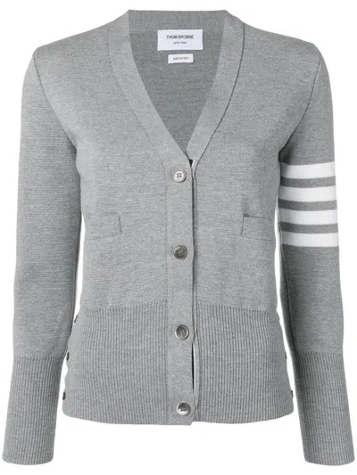 THOM BROWNE WOMEN GREY 4-BAR STRIPE KNIT CARDIGAN