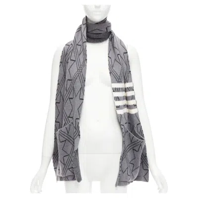 Pre-owned Thom Browne Grey Black Graphic Star 4 Bar Stripes Pocketed Long Scarf In Gray