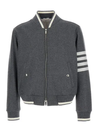 Thom Browne Grey Bomber Jacket With Signature 4bar Stripe In Wool Man In Black