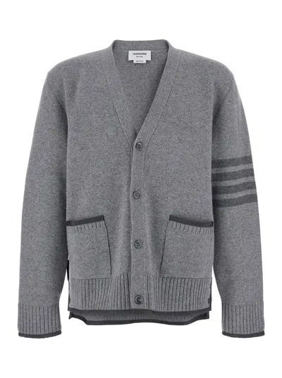 Thom Browne Grey Cardigan With V Neck And Striped Detail On The Sleeve In Wool Man In Gray