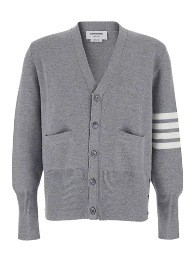 Thom Browne Grey Cardigan With V Neck And Striped Detail On The Sleeve In Wool Man In Gray