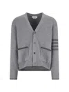 Thom Browne V-neck Wool Cardigan With Button-down Front And Striped Accents In Gray