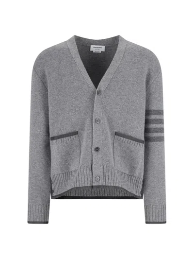 Thom Browne Grey Cardigan With V-neckline And Signature Stripes In Gray