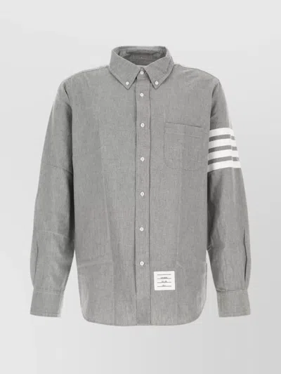 THOM BROWNE GREY CHAMBRAY SHIRT WITH STRIPED ARM DETAIL