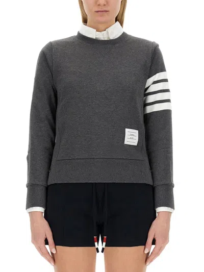 THOM BROWNE THOM BROWNE GREY COTTON SWEATSHIRT WITH STRIPED DETAIL