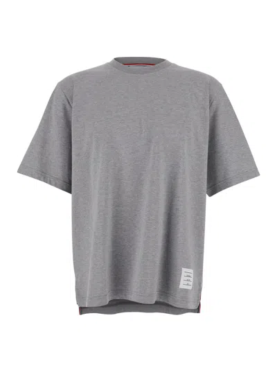 Thom Browne Grey Crewneck T-shirt With Logo Patch On The Front And Striped Detail On The Rear In Cotton Man