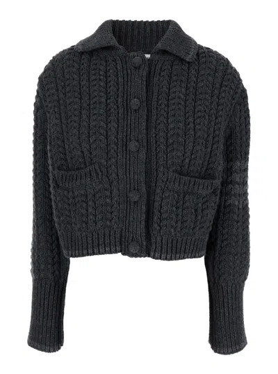 THOM BROWNE THOM BROWNE GREY CROP CARDIGAN WITH PATCH POCKETS IN CABLE KNIT WOOL