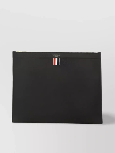 Thom Browne Grey Grained Leather Rwb-stripe Clutch Bag In Black