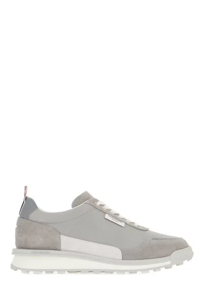 Thom Browne Grey Leather And Suede Alumni Sneakers In Gray