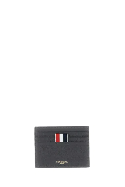 Thom Browne Grey Pebbled Leather Card Holder In Black