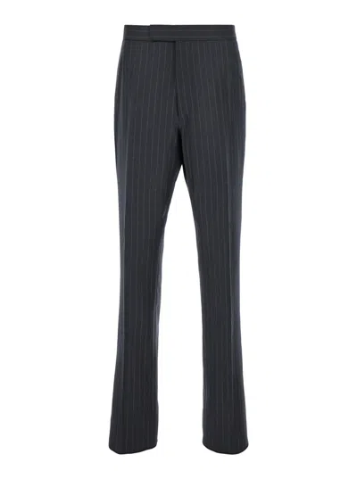 THOM BROWNE GREY PINSTRIPE PANTS WITH CONCEALED CLOSURE IN WOOL MAN