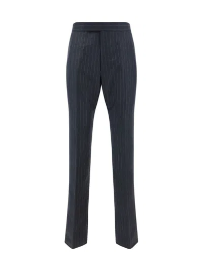 THOM BROWNE GREY PINSTRIPE PANTS WITH CONCEALED CLOSURE IN WOOL MAN