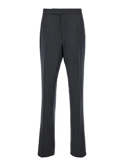 Thom Browne Grey Pinstripe Pants With Concealed Closure In Wool Man In Black