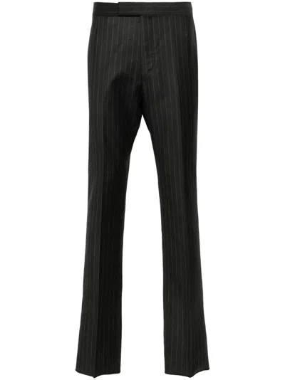 THOM BROWNE GREY PINSTRIPED WOOL TROUSERS
