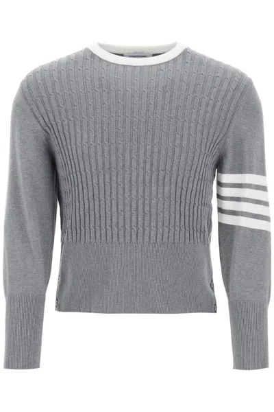 THOM BROWNE GREY PLACED BABY CABLE 4-BAR COTTON SWEATER FOR MEN