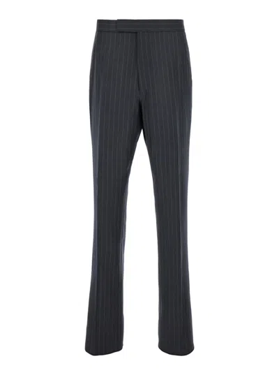 THOM BROWNE GREY STRAIGHT-LEG PINSTRIPED WOOL TROUSERS