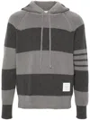 Thom Browne Striped Hooded Knit Sweater Drawstring In Grey