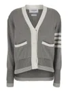 THOM BROWNE GREY V-NECK CARDIGAN WITH 4-BAR DETAIL IN COTTON WOMAN