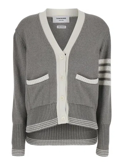 THOM BROWNE GREY V-NECK CARDIGAN WITH 4-BAR DETAIL IN COTTON WOMAN