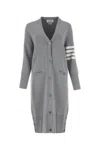 Thom Browne Virgn Wool Cardigan Dress With Sporty Stripe Detail In Gray