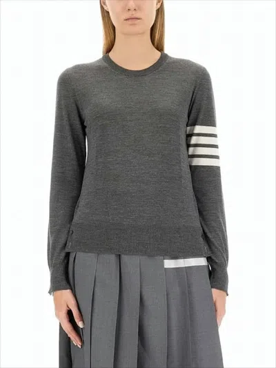 Thom Browne Grey Wool Sweater With Iconic Stripe Detail In Gray