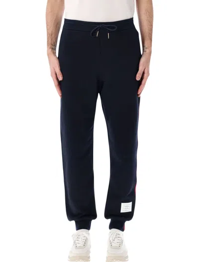 Thom Browne Grosgrain-trim Drawstring Sweatpants With Tricolor Side Stripe And Ankle Logo Patch In Blu