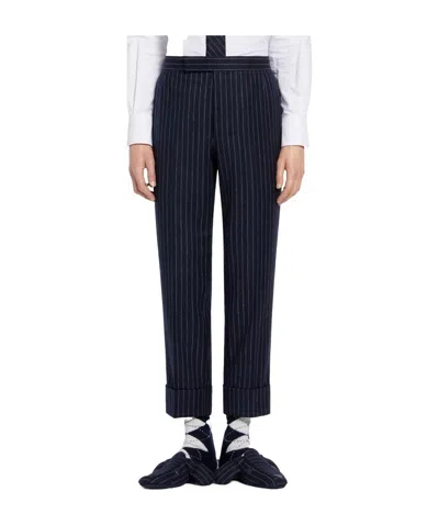 Thom Browne Ground Chalk-stripe Flannel Trousers In Navy Blue